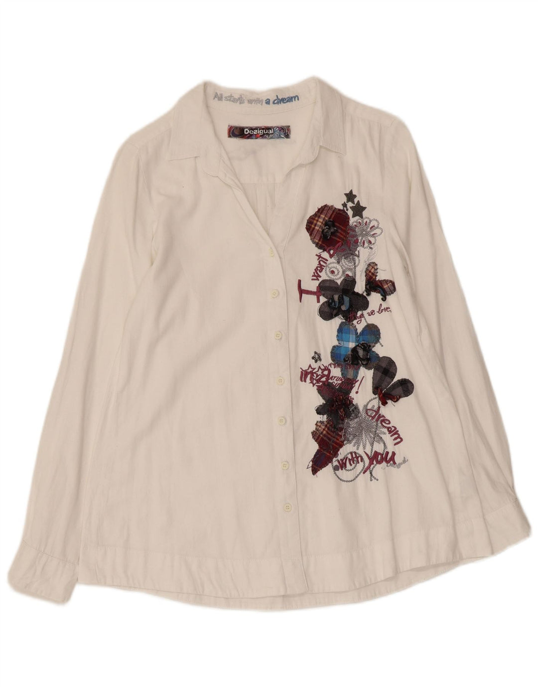 DESIGUAL Womens Graphic Shirt UK 10 Small Weißes Blumenmuster aus Baumwolle