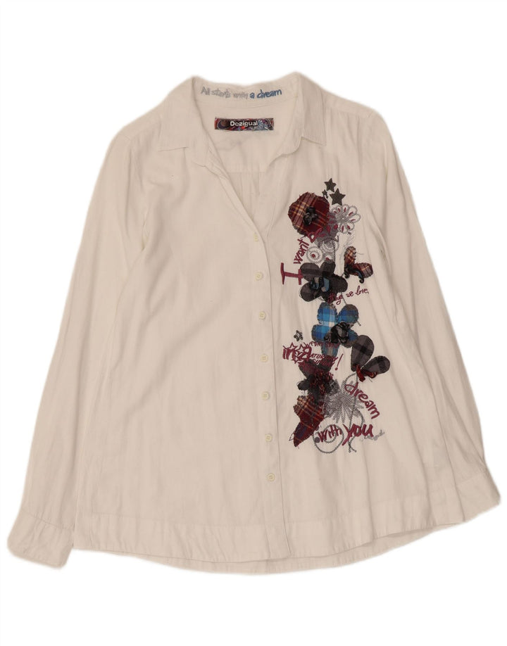DESIGUAL Womens Graphic Shirt UK 10 Small Weißes Blumenmuster aus Baumwolle