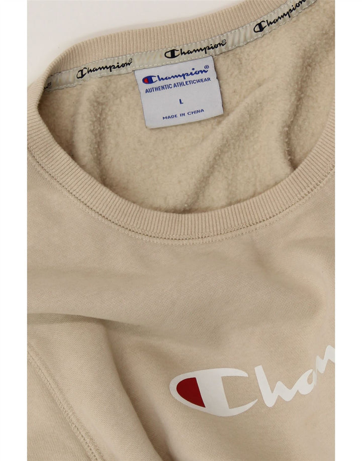 CHAMPION Damen Grafik-Sweatshirt-Pullover UK 16 Large Beige Baumwolle