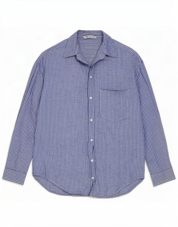 Zara Damen-Oversize-Hemd UK 10 Small Blue Nadelstreifen-Leinen