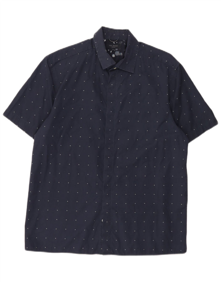 Ted Baker Herren-Kurzarmhemd, Größe 3, mittelgroß, marineblau, geometrische Baumwolle