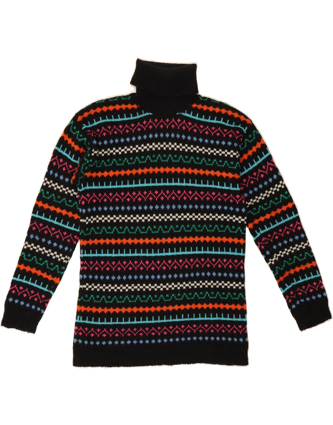 VINTAGE Womens Roll Neck Jumper Sweater UK 12 Medium Black Fair Isle Vintage Vintage and Second-Hand Vintage from Messina Hembry 