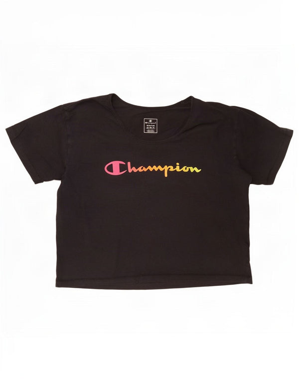 Champion Damen Crop Graphic T-Shirt Top UK 14 Medium Schwarz