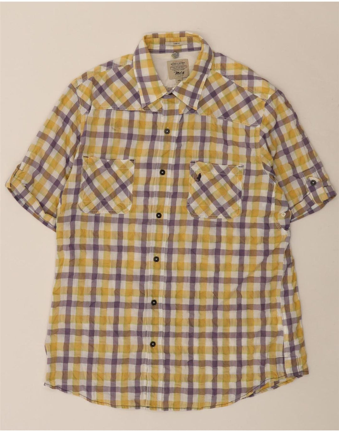 Marlboro Classics Herren-Kurzarmhemd 2XL aus gelber Gingham-Baumwolle