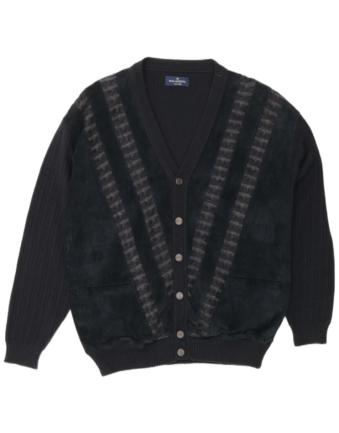 Malagrida Herren Strickjacke XL Schwarz gestreifte Wolle