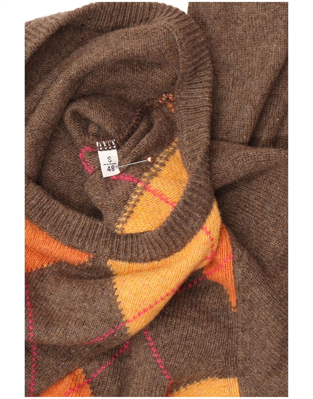 VINTAGE Herren-Pullover mit Rundhalsausschnitt, Größe 48, klein, braun, Argyle/Diamant