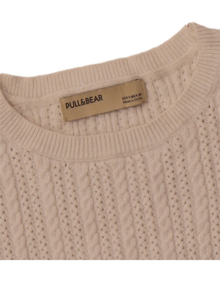 PULL & BEAR Womens Crop Crew Neck Jumper Sweater UK 8 Small White