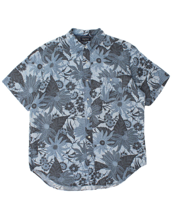 Nautica Herren-Kurzarmhemd mit klassischer Passform, großes blaues Blumenmuster aus Leinen