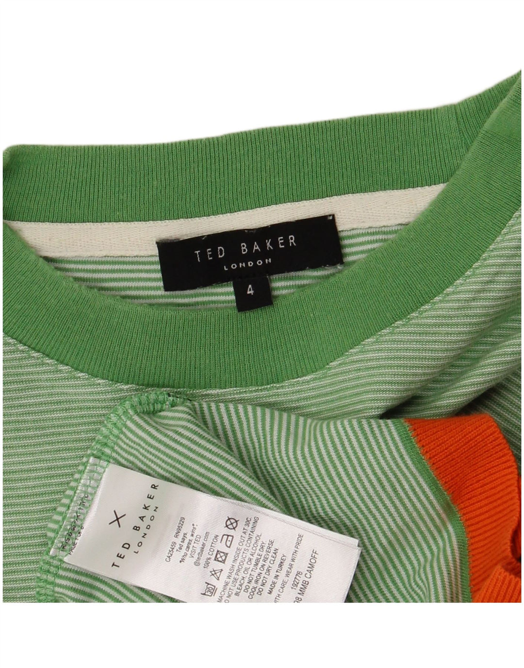 Ted Baker Herren-T-Shirt-Oberteil, Größe 4, groß, grün gestreift, Baumwolle
