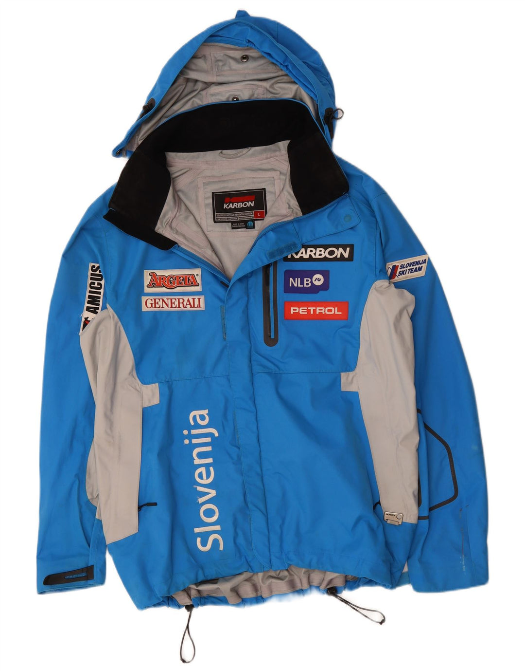 KARBON Herren-Regenjacke mit grafischer Kapuze, UK 40, Größe L, blaues Colourblock-Nylon