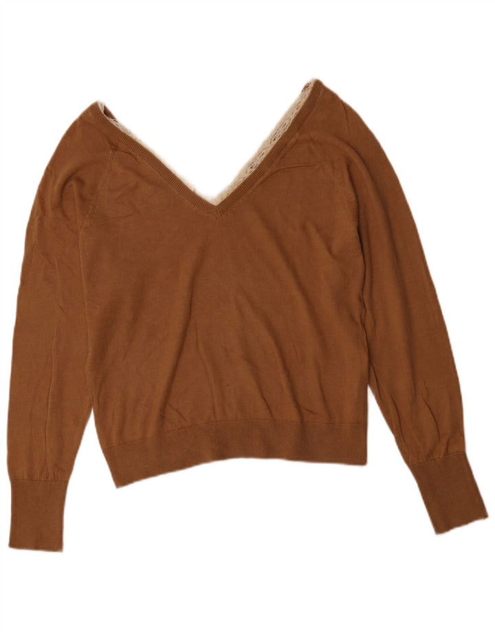 Zara Damen Crop V-Ausschnitt Pullover Pullover UK 12 Mittelbraun Lyocell