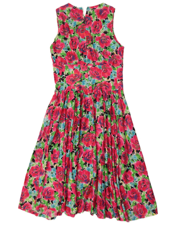 Vintage Damen Ärmelloses Maxikleid UK 14 Mittelrosa geblümte Baumwolle