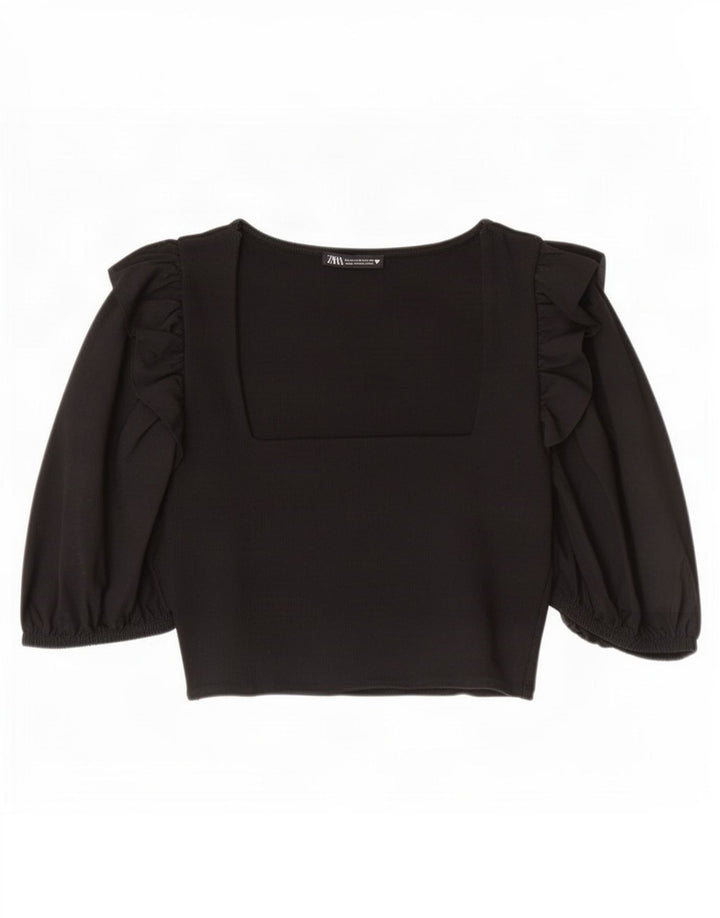 Zara Damen 3/4-Ärmel Crop Top UK 12 Mittelschwarze Baumwolle
