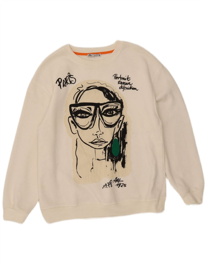 Zara Damen Grafik-Sweatshirt-Pullover UK 14 Mittelweißes Polyester