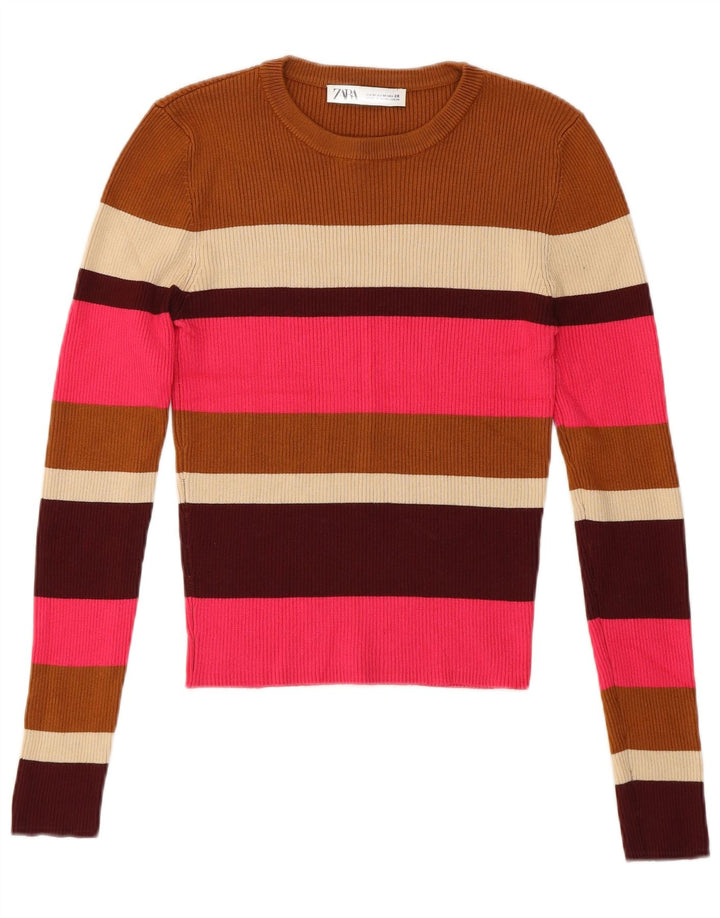 Zara Damen-Pullover mit Rundhalsausschnitt, Größe M, mehrfarbig, gestreift, UK 14