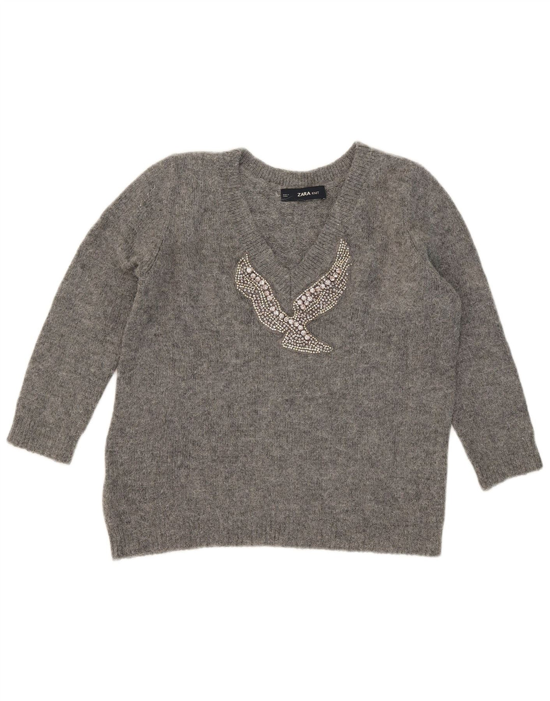 Zara Damen Pullover mit grafischem V-Ausschnitt, Gr. 10, Größe S, Grau