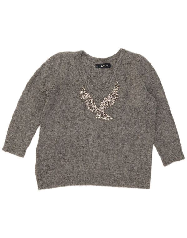 Zara Damen Pullover mit grafischem V-Ausschnitt, Gr. 10, Größe S, Grau