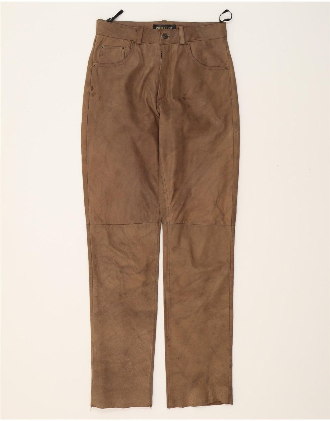 PANTERA Mens Straight Leather Trousers W30 L33 Beige Leather