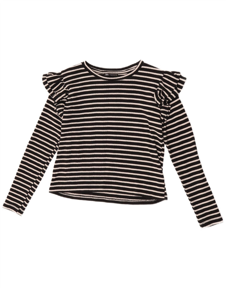Zara Damen Crop Top Langarm UK 12 Medium Schwarz gestreift