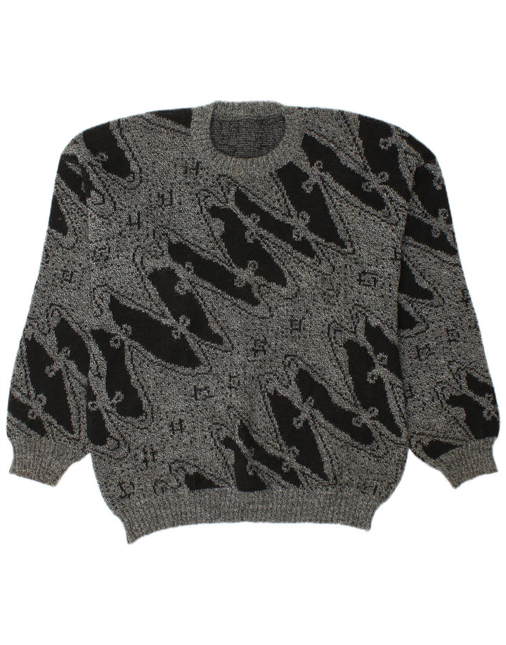 Vintage Herren Pullover mit Rundhalsausschnitt, groß, grau, geometrisch