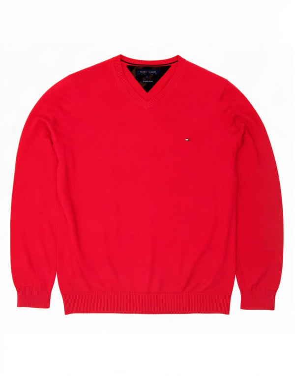 Tommy Hilfiger Mens V-Neck Jumper Sweater Large Red Cotton