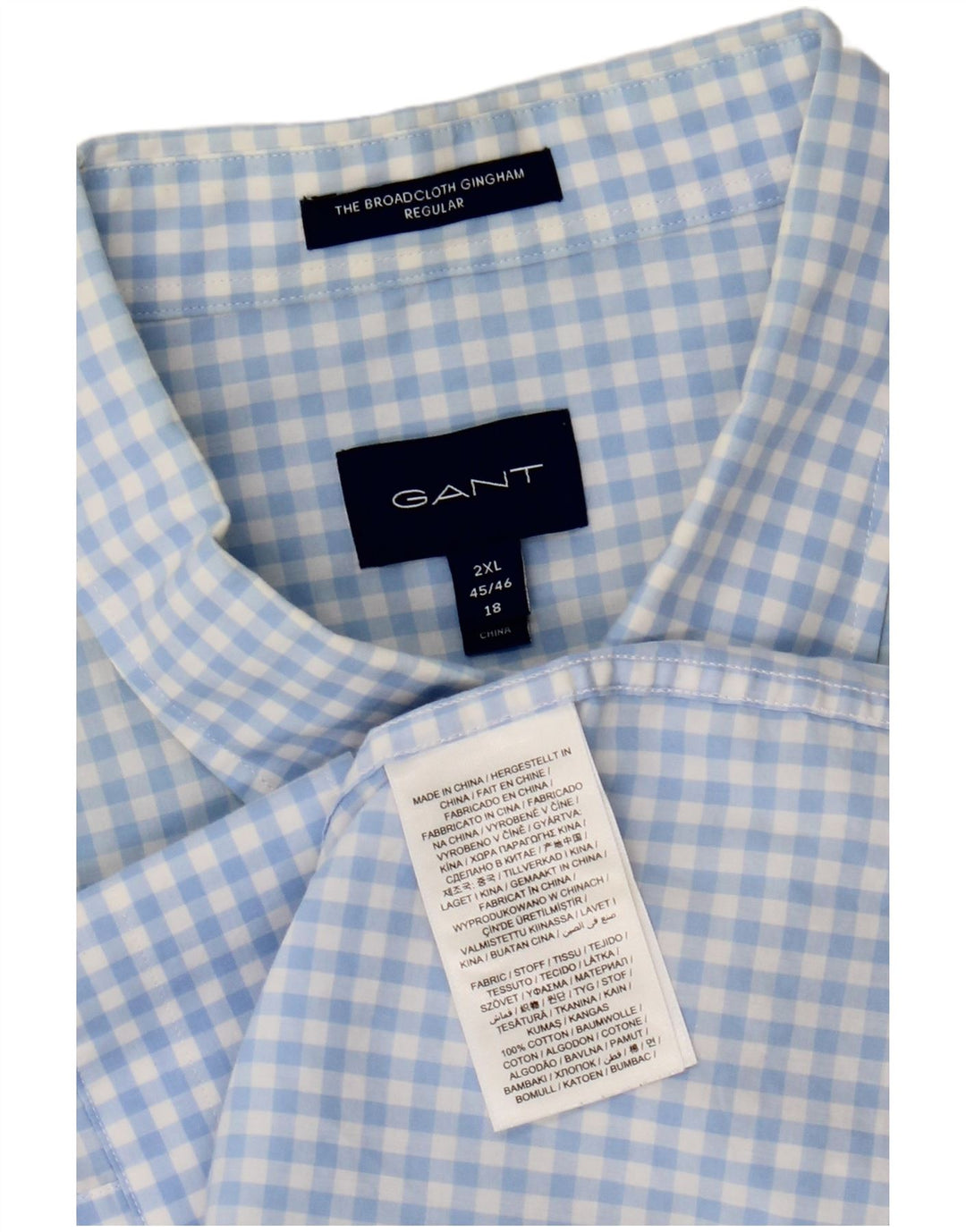 Gant Herren-Hemd mit normaler Passform, Größe 45/46, 18 2XL, blaue Gingham-Baumwolle