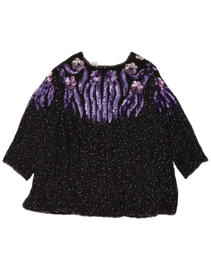 Vintage Damen Abend Pailletten 3/4 Ärmel Bluse Top EU 52 2XL Schwarz geblümt