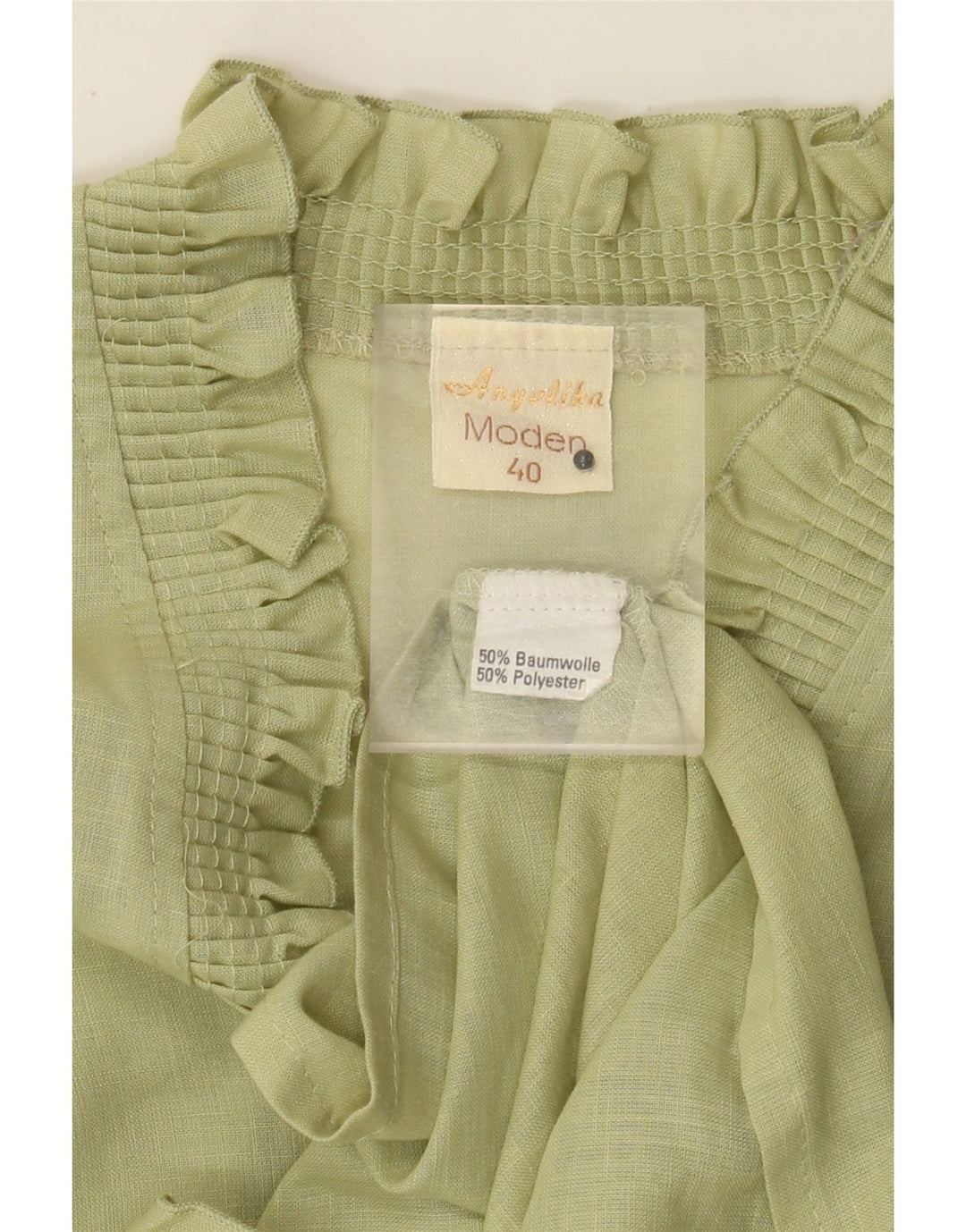 Vintage Damen Bluse mit 3/4-Ärmeln und Rüschen vorne, EU 40, mittleres Khaki-Herz