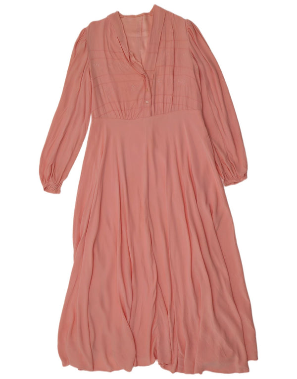 Vintage Damen Langarm Maxi Teekleid UK 12 Mittelrosa Blumen Retro