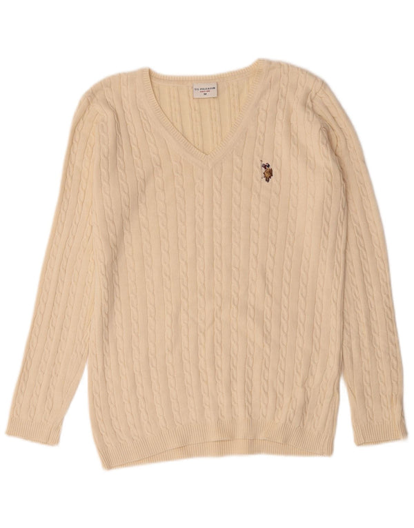 U.S. Polo Assn. Damen-Pullover mit V-Ausschnitt, UK 14, mittelbeige Baumwolle