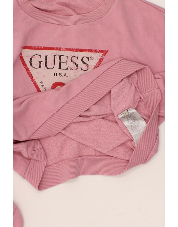GUESS Womens Oversized Crop Graphic Sweatshirt Jumper UK 14 Medium Pink Vintage Guess and Second-Hand Guess from Messina Hembry 
