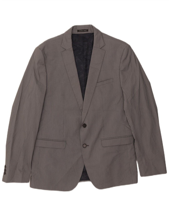 Zara Herren-Blazer mit 2 Knöpfen, EU 54, XL, graues Nadelstreifen-Polyester