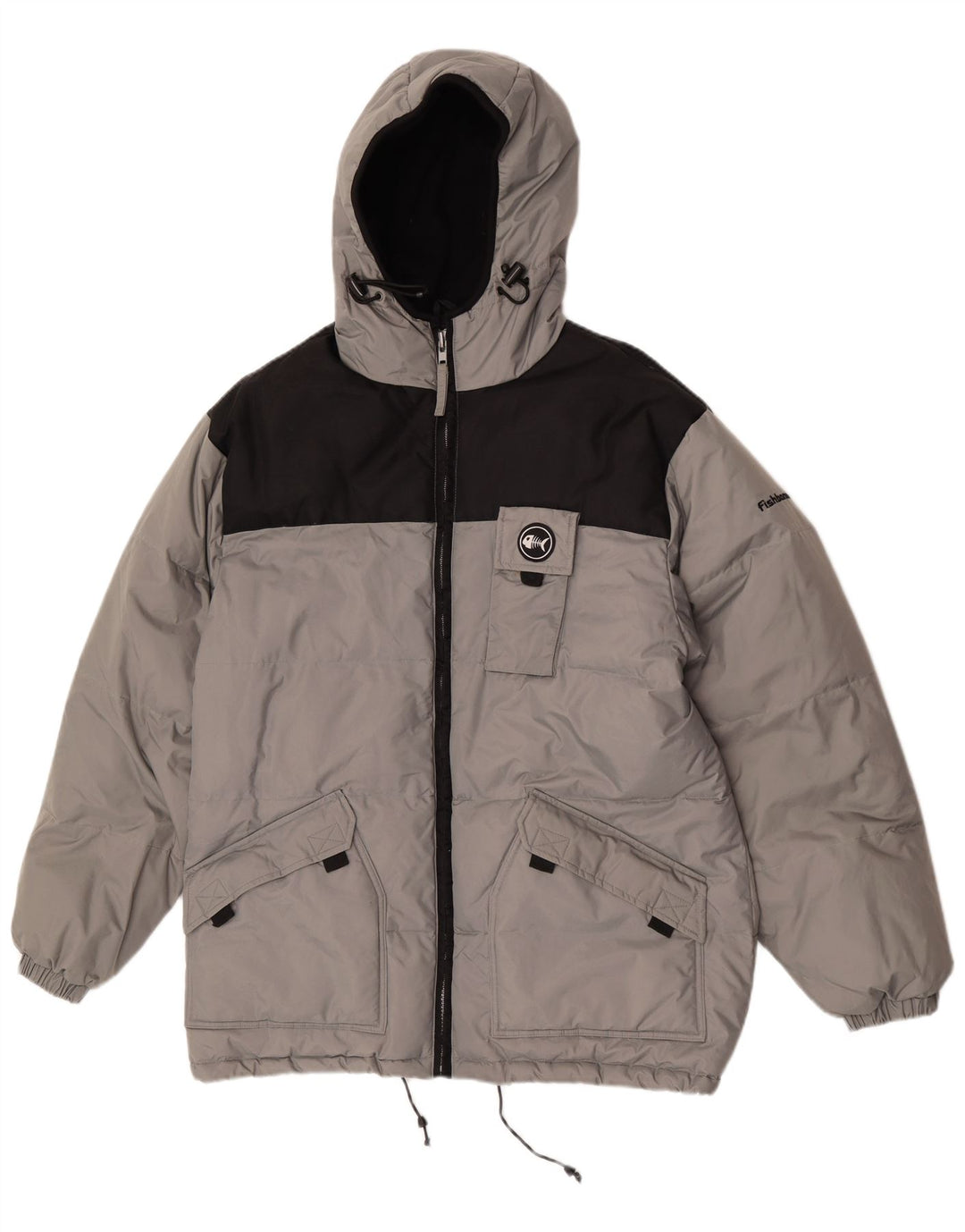 Gefütterte Herrenjacke mit Kapuze von Fishbone, UK 38, mittelgraues Colourblock-Nylon