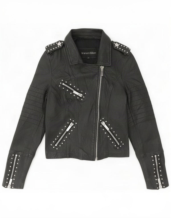 Transmission Damen-Bikerjacke aus Leder, UK 12, mittelschwarz