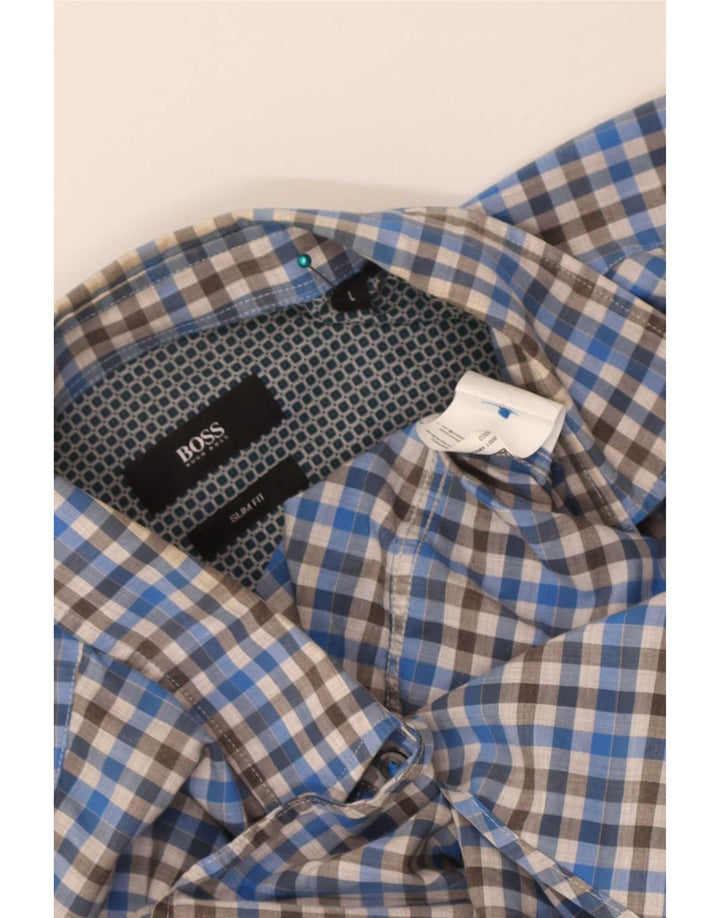 Hugo Boss Herren-Slim-Fit-Hemd, groß, blau kariert, Baumwolle