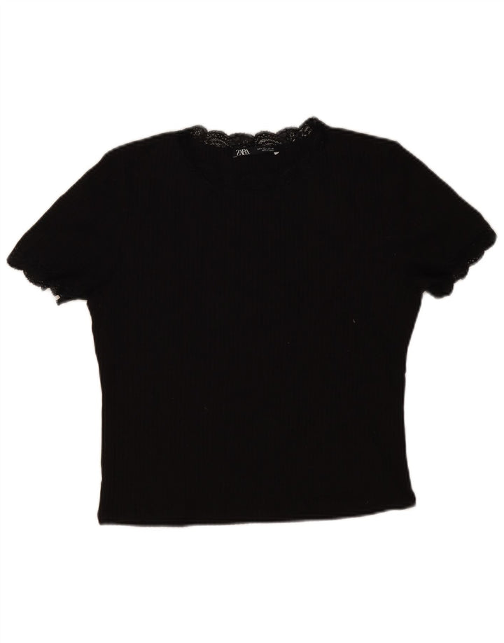 Zara Damen Crop Bluse Top UK 14 Große schwarze Baumwolle