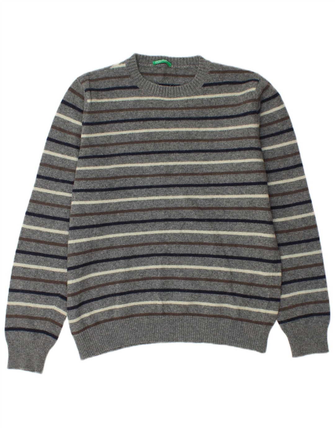 Benetton Herren-Pullover mit Rundhalsausschnitt, mittelgrau gestreift
