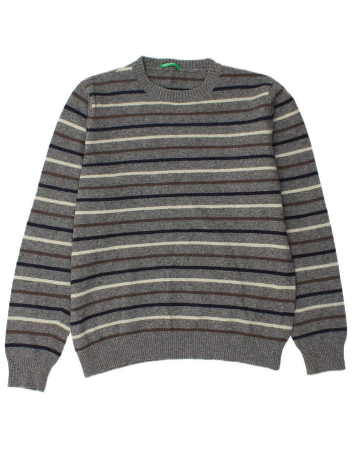 Benetton Herren-Pullover mit Rundhalsausschnitt, mittelgrau gestreift