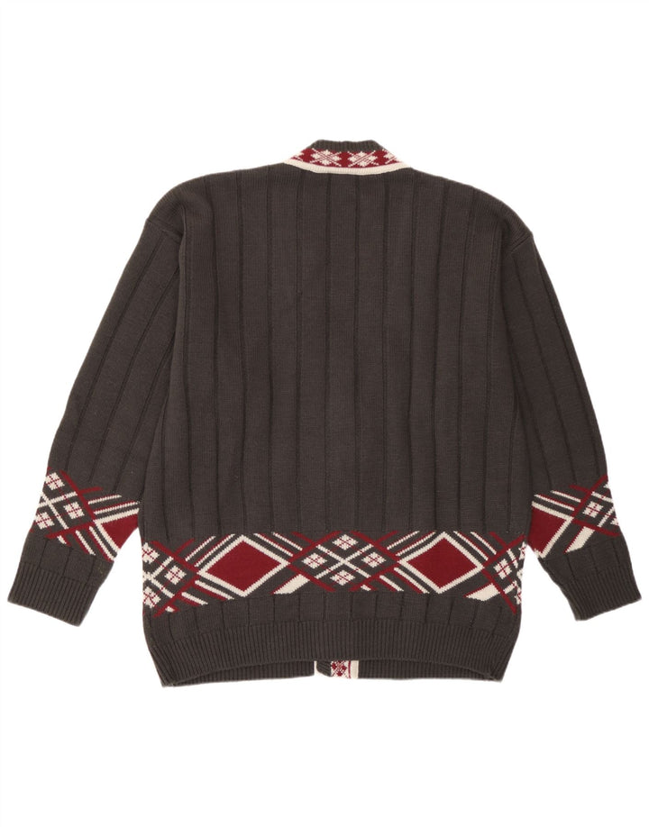 Vintage Herren Grafischer Cardigan Pullover XL Grau