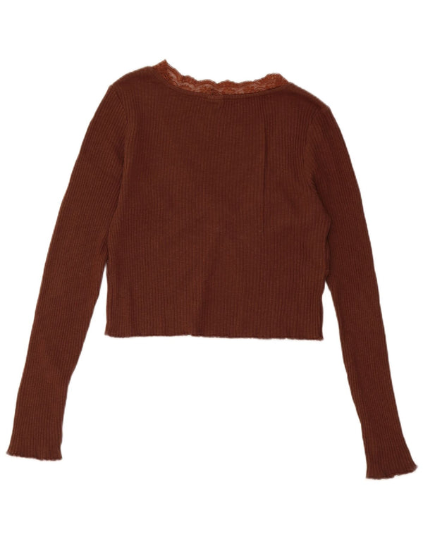 Urban Outfitters Damen Crop Cardigan Pullover UK 14 Large Braun Baumwolle