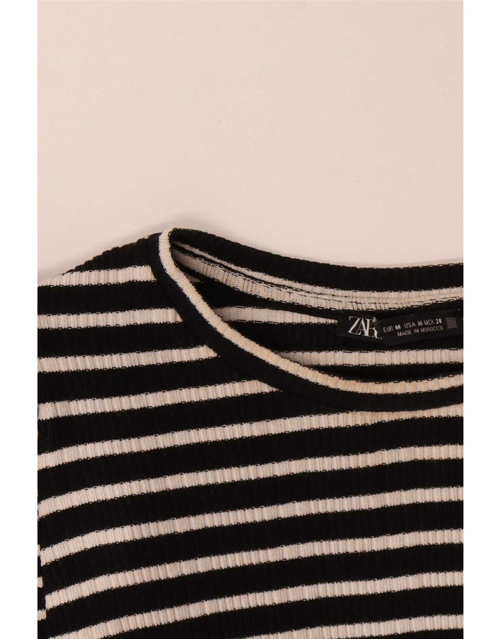 Zara Damen Top Langarm UK 12 Medium Schwarz gestreift