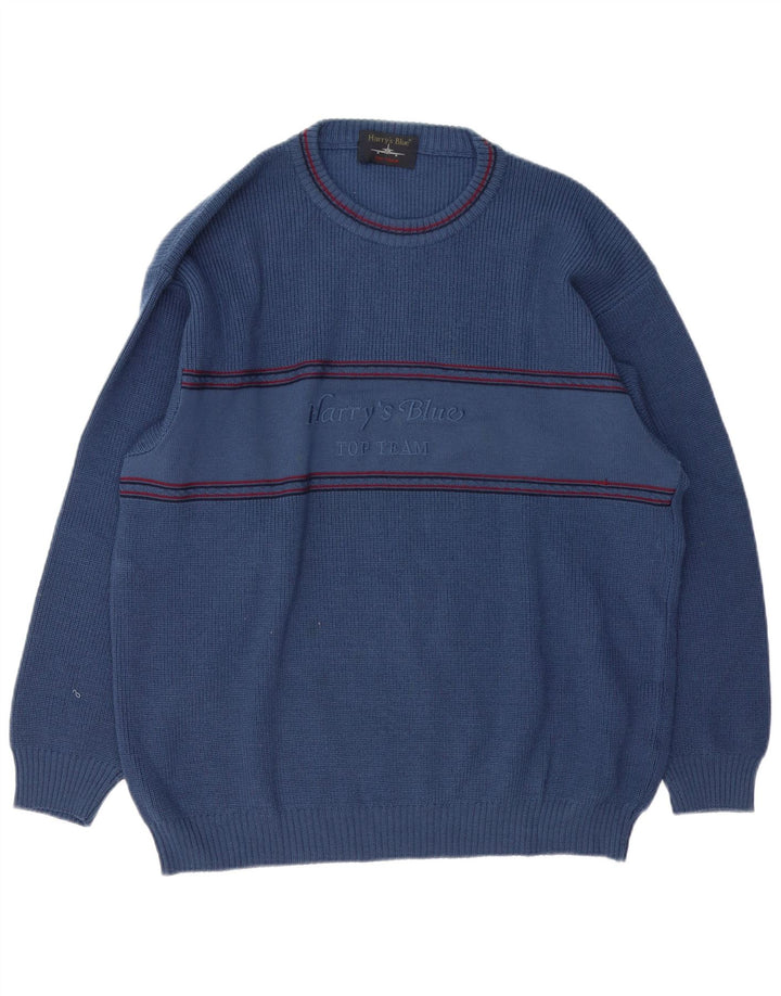 VINTAGE Herren Pullover mit grafischem Rundhalsausschnitt, XL, blaue Wolle