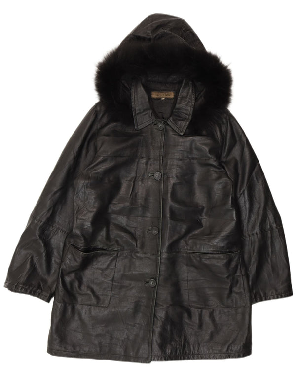 Vintage Damen Ledermantel mit Kapuze IT 50 XL Schwarzes Leder