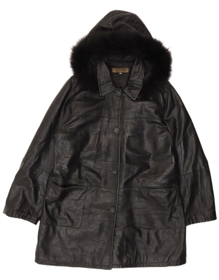 Vintage Damen Ledermantel mit Kapuze IT 50 XL Schwarzes Leder