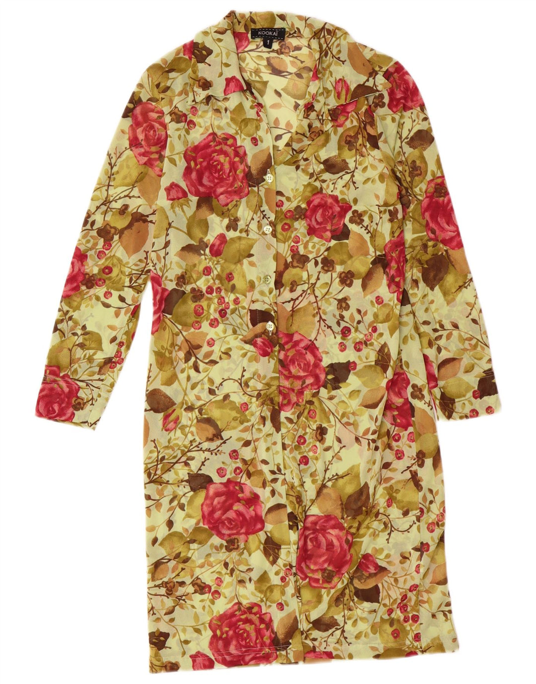 Kookai Damen Langarm-Hemdkleid, Größe 1, klein, grün, florales Bohemian-Kleid