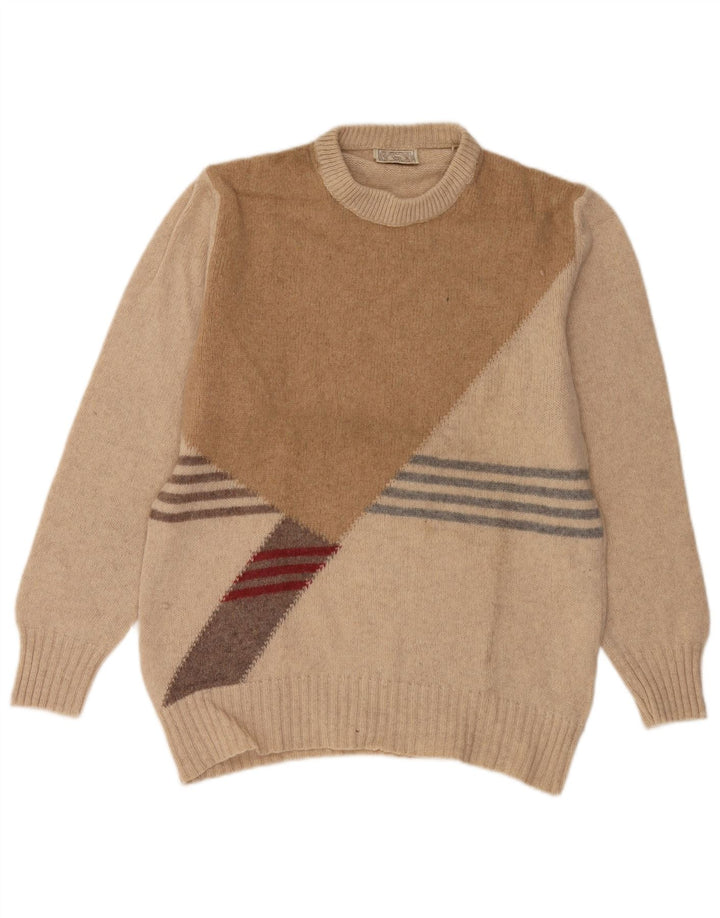 Vintage Herren-Pullover mit Rundhalsausschnitt, groß, Beige, Farbblock