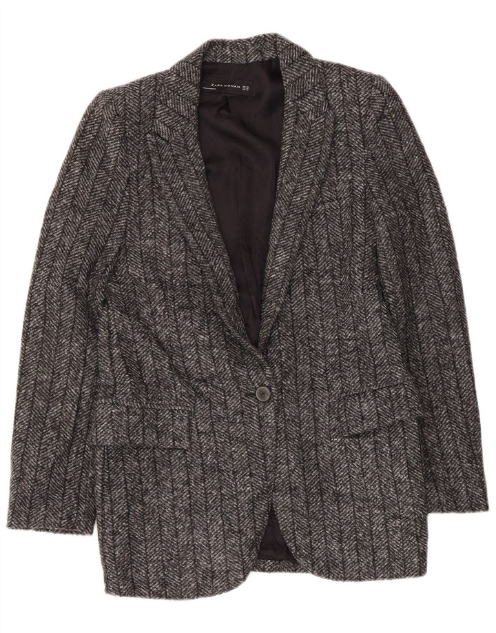 Zara Damen 1-Knopf-Blazerjacke UK 6 XS Graues Fischgrätenmuster aus Polyester