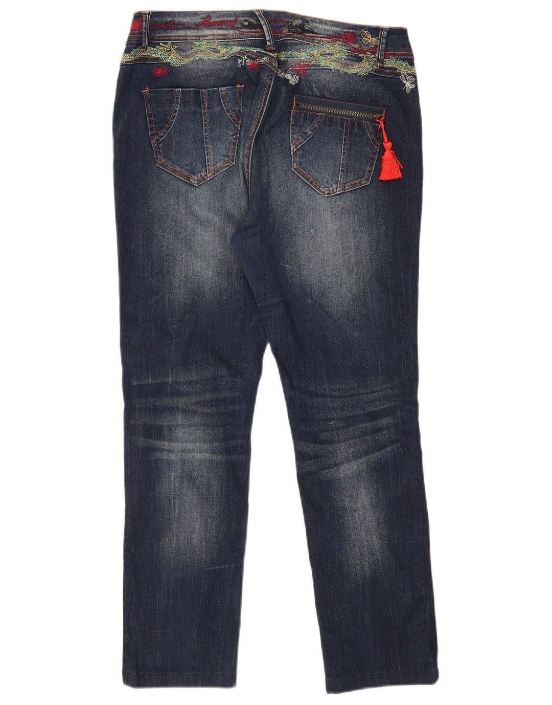 Desigual Damen Graphic Slim Jeans W34 L29 Marineblau Polyester