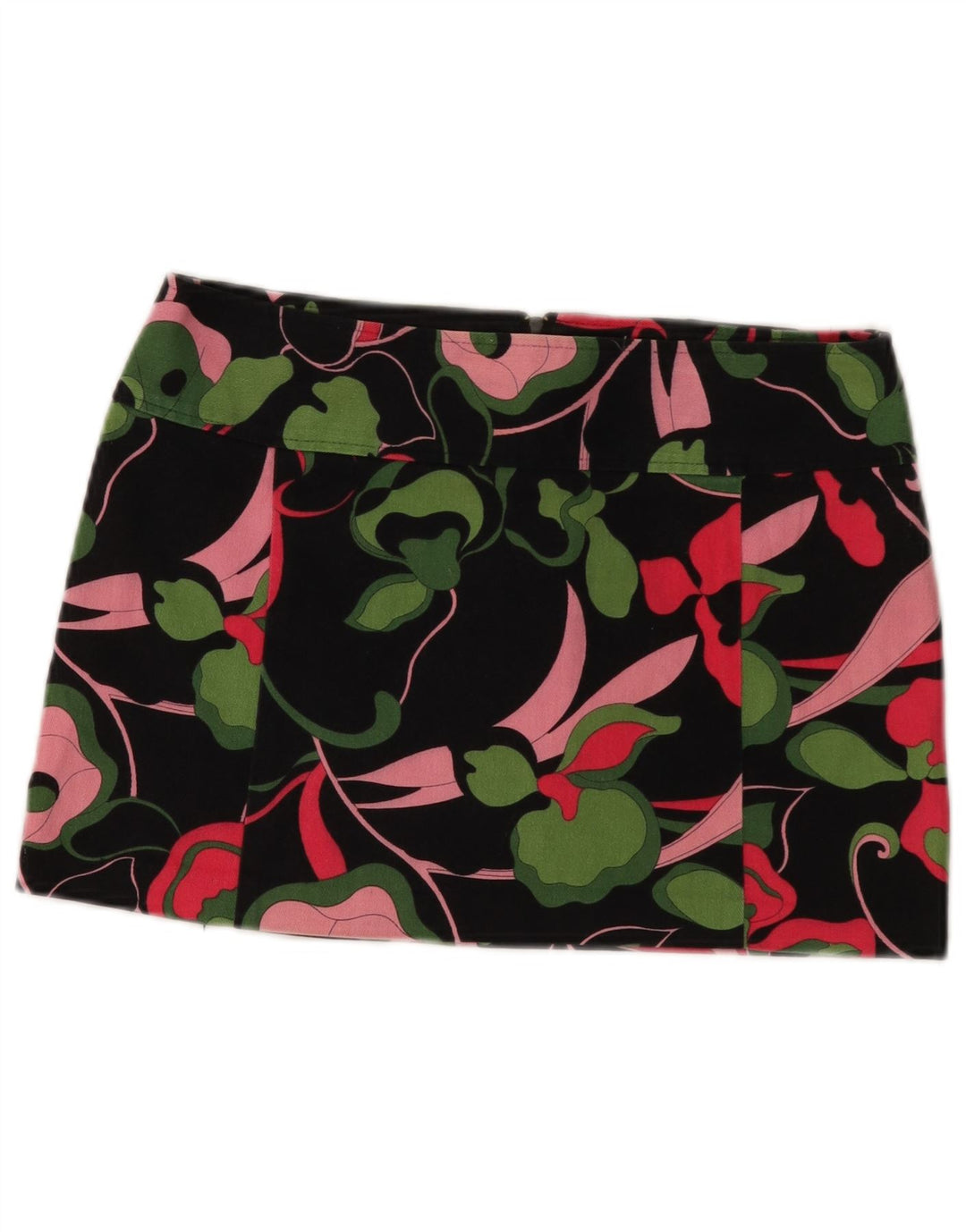 VINTAGE Damen Minirock IT 42 Medium W30 Schwarz geblümte Baumwolle