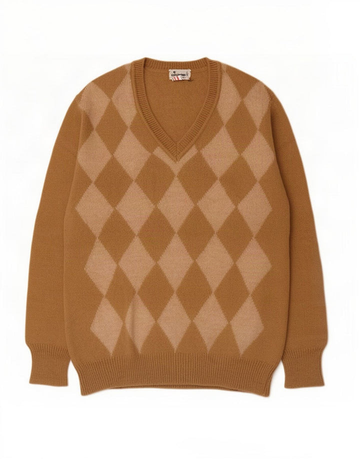 Colombo Herren-Pullover mit V-Ausschnitt, Argyle/Diamant-Alpakawolle in Mittelbeige